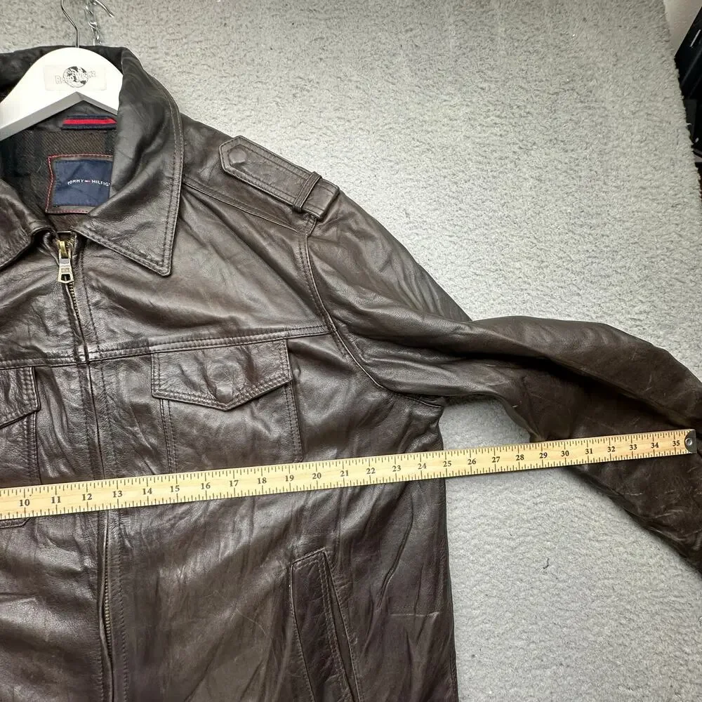 Tommy Hilfiger Genuine Leather Bomber Jacket Mens XL Flannel Plaid Lined Brown